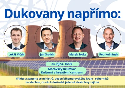 Ministři, hejtman a odborníci  budou v Moravském Krumlově diskutovat s občany o dostavbě Dukovan